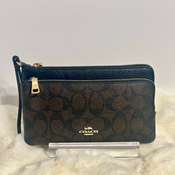 NWT Coach Double Zipper Wristlet Wallet Signature Canvas CU920 Brown Black - Picture 1 of 14